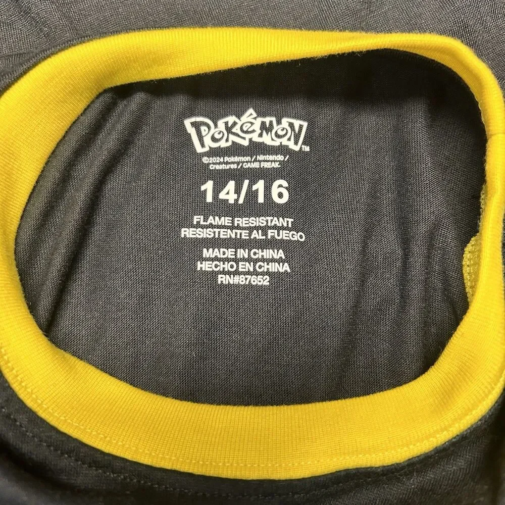 Pokémon Pikachu Pajama Top Youth 14/16 Black Long Sleeve Flame Resistant Sleep